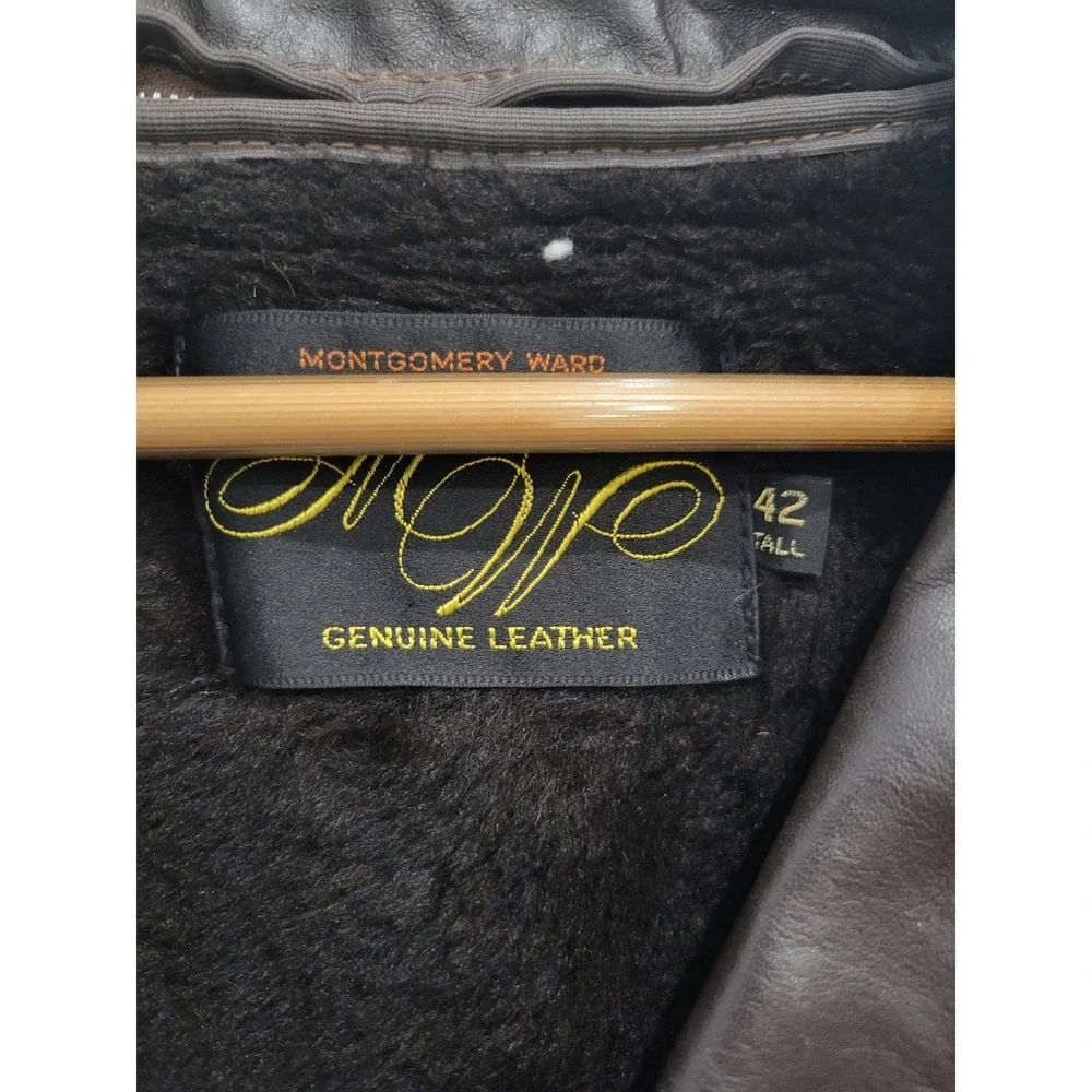 Montgomery Ward Vintage Brown‎ Leather Car Coat Faux Fur Lined Mens 42 Tall